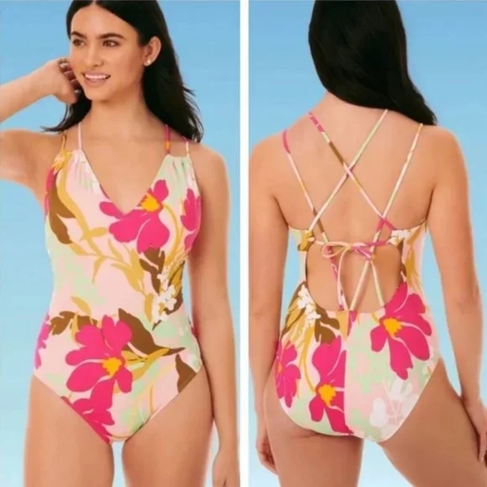 Beach Betty Miracle Brands Floral Tropical Strappy Back One-Piece Swimsuit Large